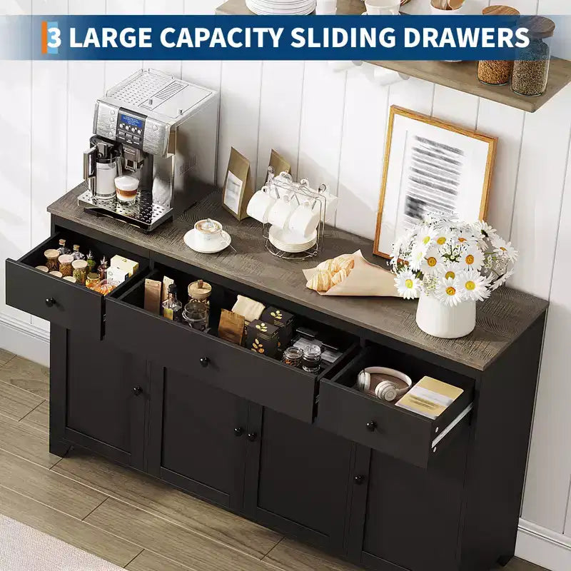 Mobile contenitore, credenza con 3 cassetti e 4 ante, 140 cm con ripiani regolabili per sala da pranzo soggiorno ingresso