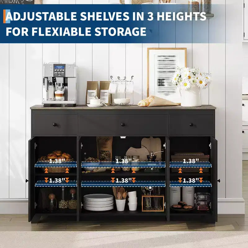 Mobile contenitore, credenza con 3 cassetti e 4 ante, 140 cm con ripiani regolabili per sala da pranzo soggiorno ingresso