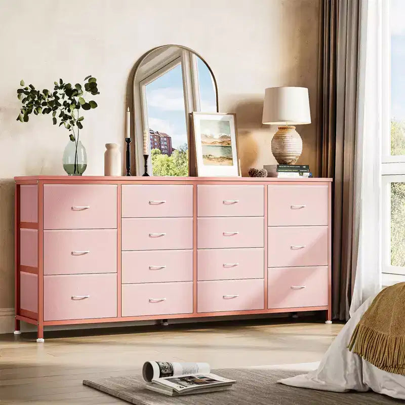 Cassettiera per TV da 63" W per TV da 65, 70, 75 pollici, comò a 14 cassetti per camera da letto con prese di corrente, centro di intrattenimento grande e lungo in tessuto