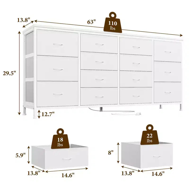 Cassettiera per TV da 63" W per TV da 65, 70, 75 pollici, comò a 14 cassetti per camera da letto con prese di corrente, centro di intrattenimento grande e lungo in tessuto