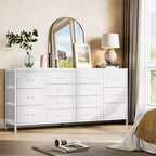 Cassettiera per TV da 63" W per TV da 65, 70, 75 pollici, comò a 14 cassetti per camera da letto con prese di corrente, centro di intrattenimento grande e lungo in tessuto
