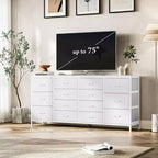 Cassettiera per TV da 63" W per TV da 65, 70, 75 pollici, comò a 14 cassetti per camera da letto con prese di corrente, centro di intrattenimento grande e lungo in tessuto