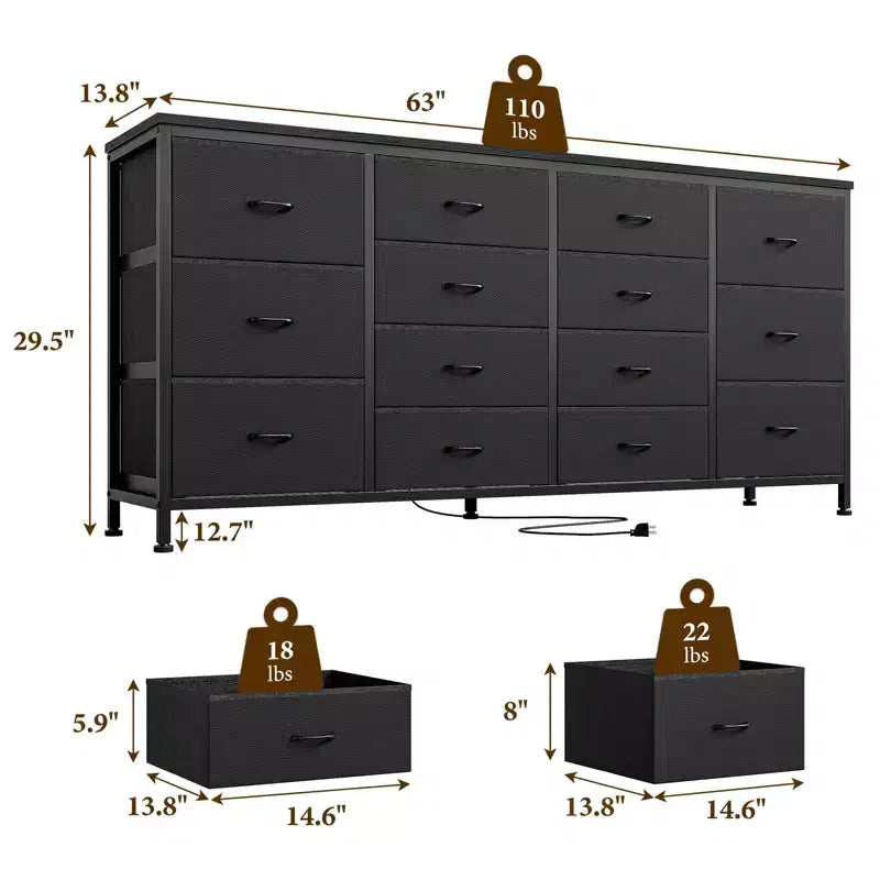 Cassettiera per TV da 63" W per TV da 65, 70, 75 pollici, comò a 14 cassetti per camera da letto con prese di corrente, centro di intrattenimento grande e lungo in tessuto