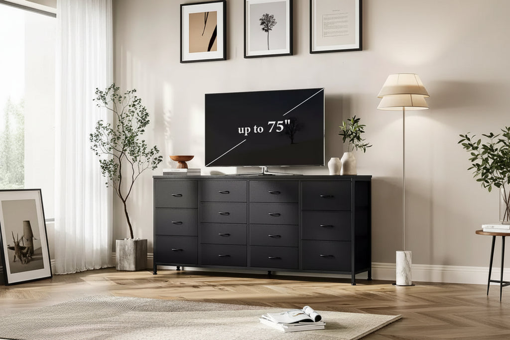 Cassettiera per TV da 63" W per TV da 65, 70, 75 pollici, comò a 14 cassetti per camera da letto con prese di corrente, centro di intrattenimento grande e lungo in tessuto