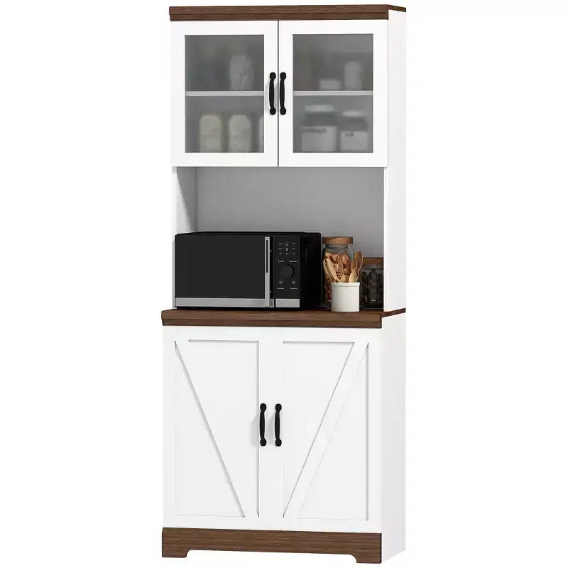 70 Farmhouse Pantry Cabinet, Kitchen Hutch Storage Cabinet with Glass Doors, Adjustable Shelves, Open Microwave Countertop