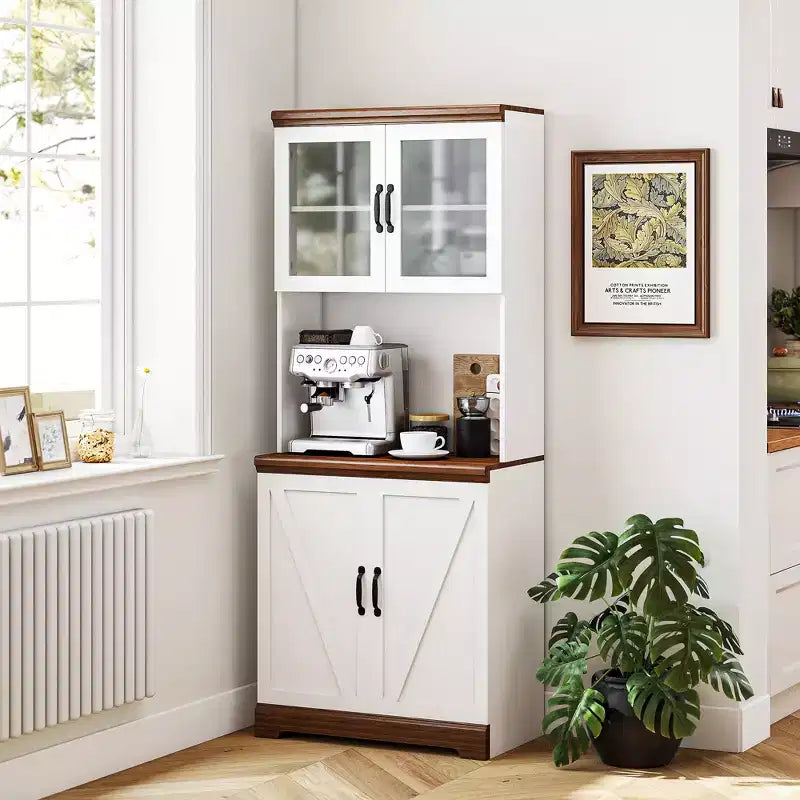 Dispensa da 70 Farmhouse, credenza da cucina con ante in vetro, ripiani regolabili, ripiano aperto per microonde
