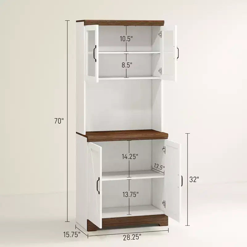 Dispensa da 70 Farmhouse, credenza da cucina con ante in vetro, ripiani regolabili, ripiano aperto per microonde