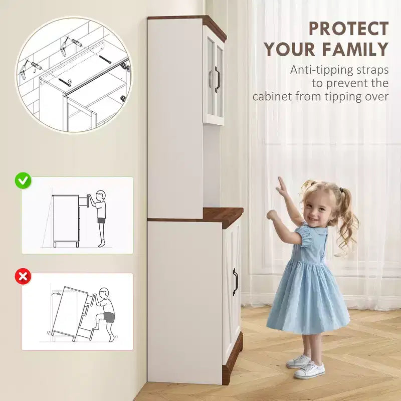 Dispensa da 70 Farmhouse, credenza da cucina con ante in vetro, ripiani regolabili, ripiano aperto per microonde