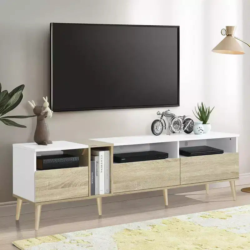 Mobile TV moderno Bestier con 3 cassetti e ripiani aperti, console multimediale per TV fino a 80'', centro di intrattenimento per soggiorno, design in colori abbinati