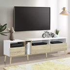 Mobile TV moderno Bestier con 3 cassetti e ripiani aperti, console multimediale per TV fino a 80'', centro di intrattenimento per soggiorno, design in colori abbinati