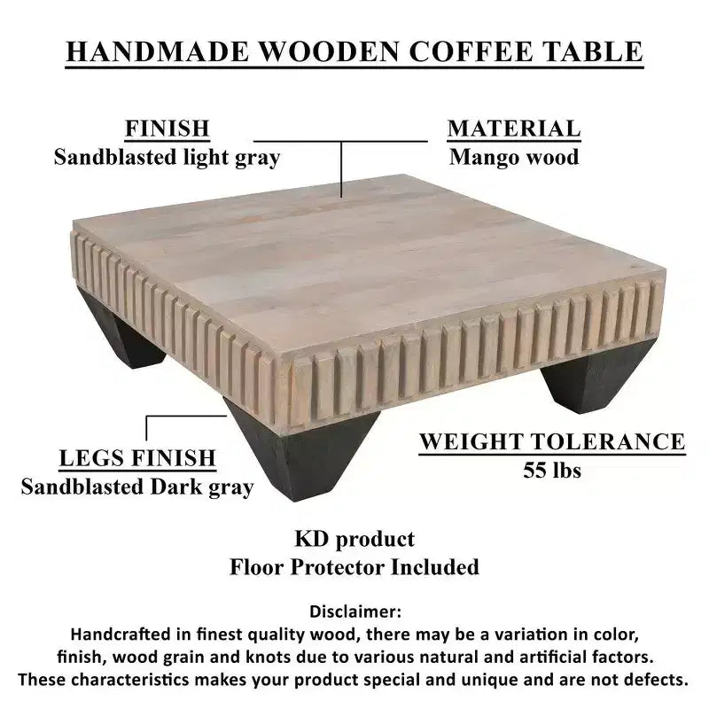 Tavolino da Caffè Royal Hampton Tokyo Inspired da 36 Pollici Quadrato in Legno di Mango - Realizzato a Mano con Elegante Finitura Grigia Sabbiata e Gambe Affusolate