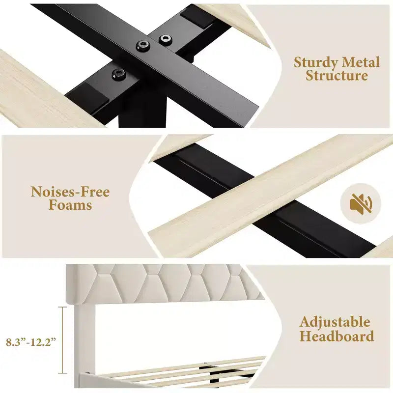 Struttura letto imbottita con testiera regolabile, resistente, non richiede rete a molle