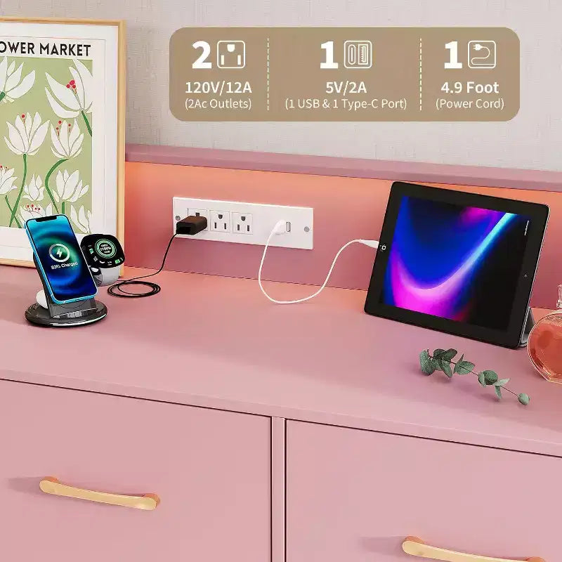 Comò Largo 120 cm per Camera da Letto con 5 Spaziosi Cassetti e Luci a LED, Cassettiera con Stazione di Ricarica Integrata, Mobile Autoportante