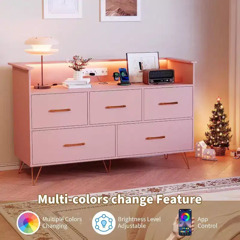 Comò Largo 120 cm per Camera da Letto con 5 Spaziosi Cassetti e Luci a LED, Cassettiera con Stazione di Ricarica Integrata, Mobile Autoportante