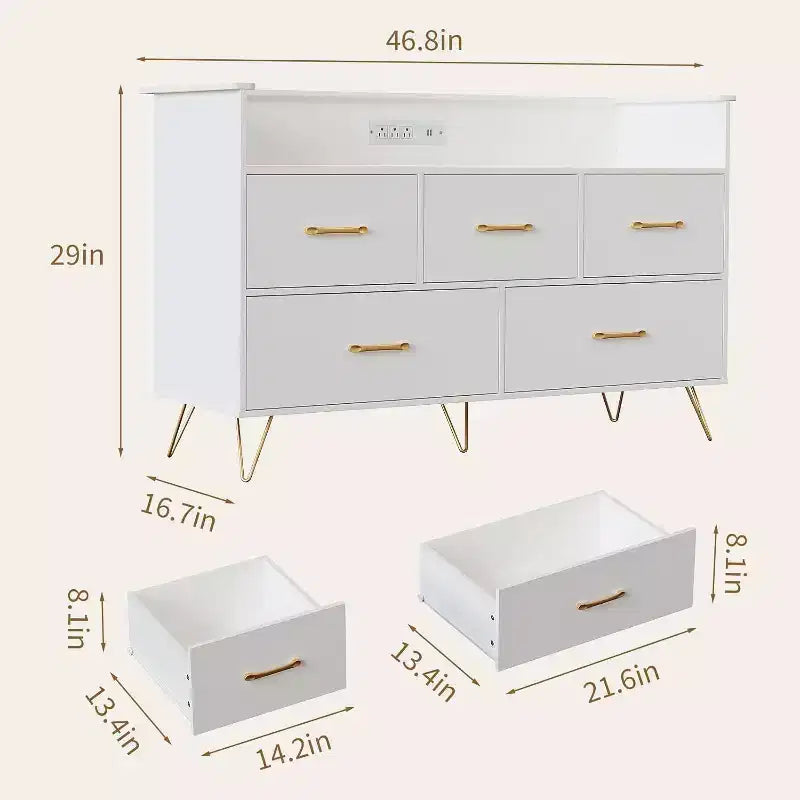 Comò Largo 120 cm per Camera da Letto con 5 Spaziosi Cassetti e Luci a LED, Cassettiera con Stazione di Ricarica Integrata, Mobile Autoportante