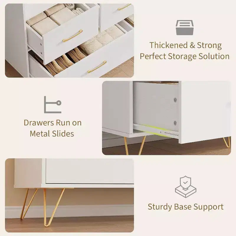 Comò Largo 120 cm per Camera da Letto con 5 Spaziosi Cassetti e Luci a LED, Cassettiera con Stazione di Ricarica Integrata, Mobile Autoportante