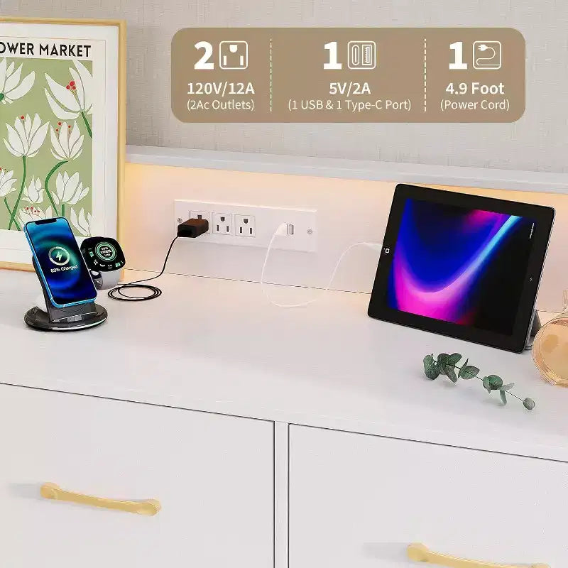 Comò Largo 120 cm per Camera da Letto con 5 Spaziosi Cassetti e Luci a LED, Cassettiera con Stazione di Ricarica Integrata, Mobile Autoportante