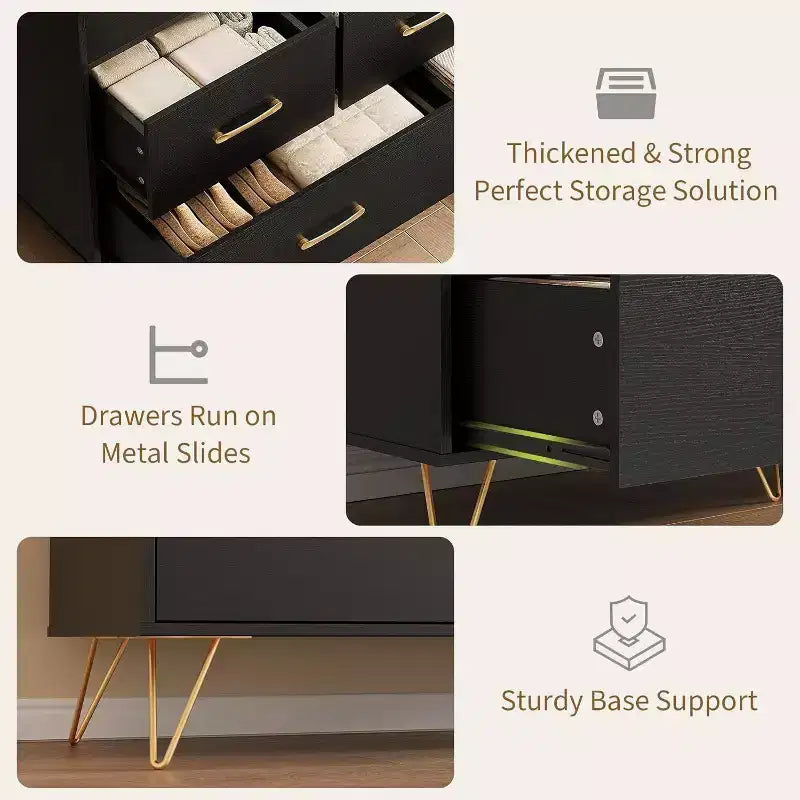 Comò Largo 120 cm per Camera da Letto con 5 Spaziosi Cassetti e Luci a LED, Cassettiera con Stazione di Ricarica Integrata, Mobile Autoportante