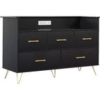 47 Inch Wide Dresser for Bedroom with 5 Spacious Drawers and LED Lights, Chest of Drawers with Built-in Charging Station, Freestanding Cabinet