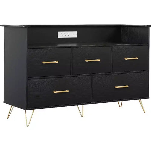 47 Inch Wide Dresser for Bedroom with 5 Spacious Drawers and LED Lights, Chest of Drawers with Built-in Charging Station, Freestanding Cabinet