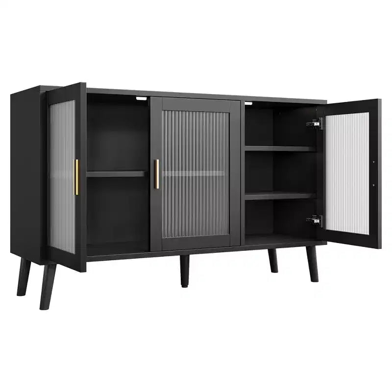 Mobile contenitore nero per cucina, sala da pranzo, salotto, con 3 ante in vetro scanalato