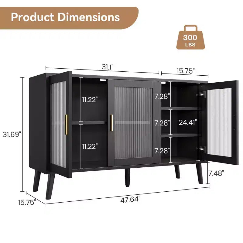 Mobile contenitore nero per cucina, sala da pranzo, salotto, con 3 ante in vetro scanalato