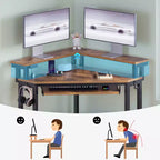 Piccola scrivania angolare per computer con presa di corrente, luce LED, supporto per monitor e vassoio per tastiera