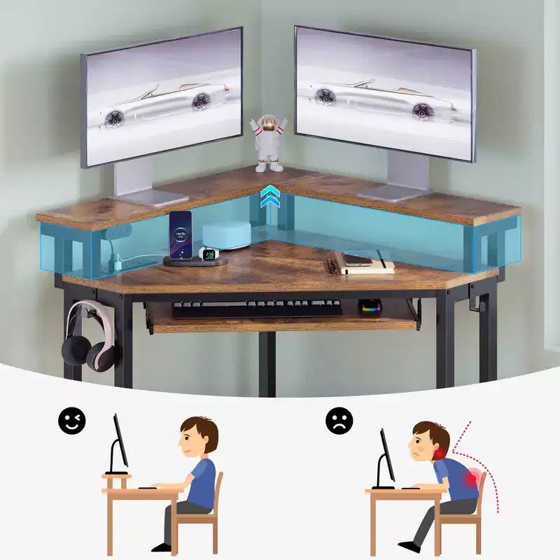 Piccola scrivania angolare per computer con presa di corrente, luce LED, supporto per monitor e vassoio per tastiera