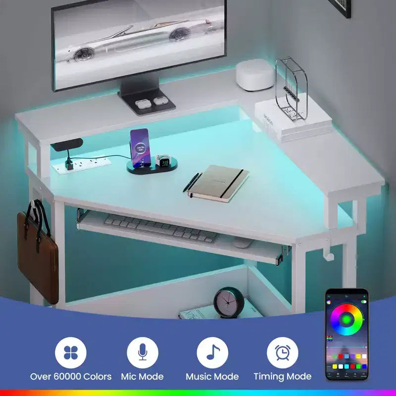 Piccola scrivania angolare per computer con presa di corrente, luce LED, supporto per monitor e vassoio per tastiera
