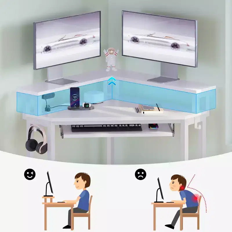 Piccola scrivania angolare per computer con presa di corrente, luce LED, supporto per monitor e vassoio per tastiera
