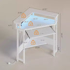 Piccola scrivania angolare per computer con presa di corrente, luce LED, supporto per monitor e vassoio per tastiera