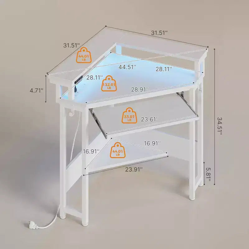 Piccola scrivania angolare per computer con presa di corrente, luce LED, supporto per monitor e vassoio per tastiera