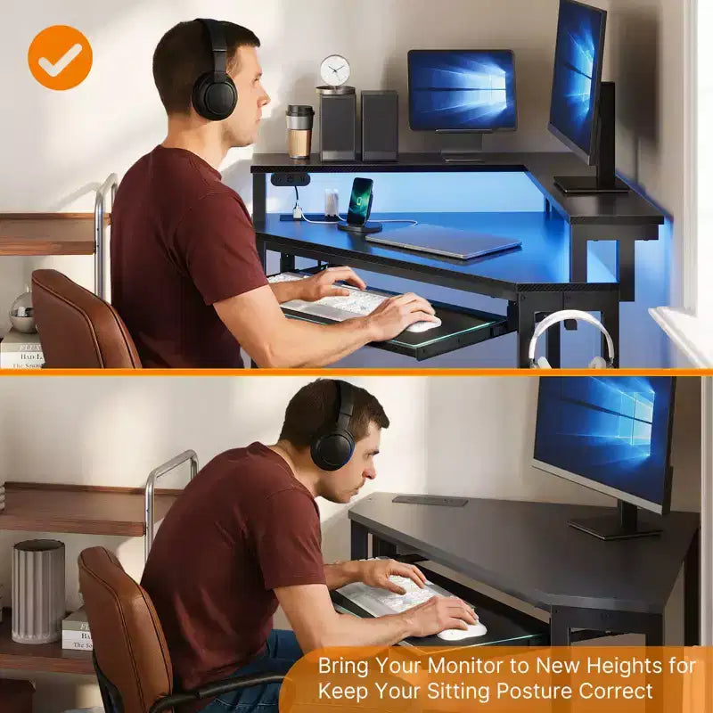 Piccola scrivania angolare per computer con presa di corrente, luce LED, supporto per monitor e vassoio per tastiera