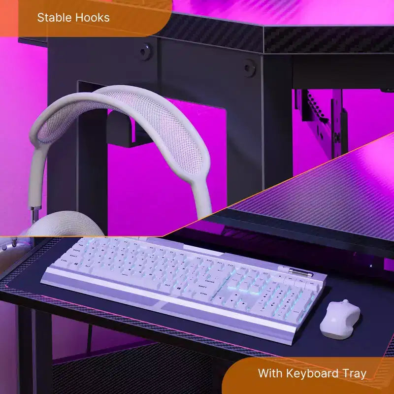 Piccola scrivania angolare per computer con presa di corrente, luce LED, supporto per monitor e vassoio per tastiera