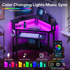 Piccola scrivania angolare per computer con presa di corrente, luce LED, supporto per monitor e vassoio per tastiera