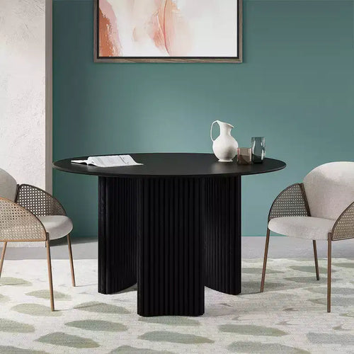 Tavolo da pranzo rotondo moderno da 52", Gambe a colonna a strisce, Legno massello, Antigraffio, Nero