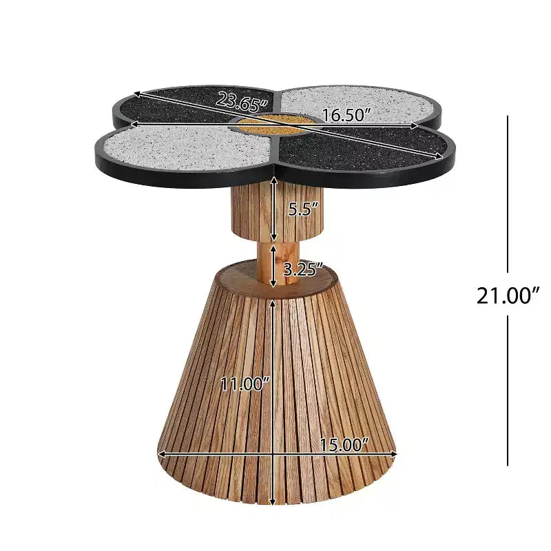 Tavolino d'appoggio con Trifoglio a Quattro Foglie, Top in Resina effetto Pietra, Base a Doghe in Legno, Nero e Grigio
