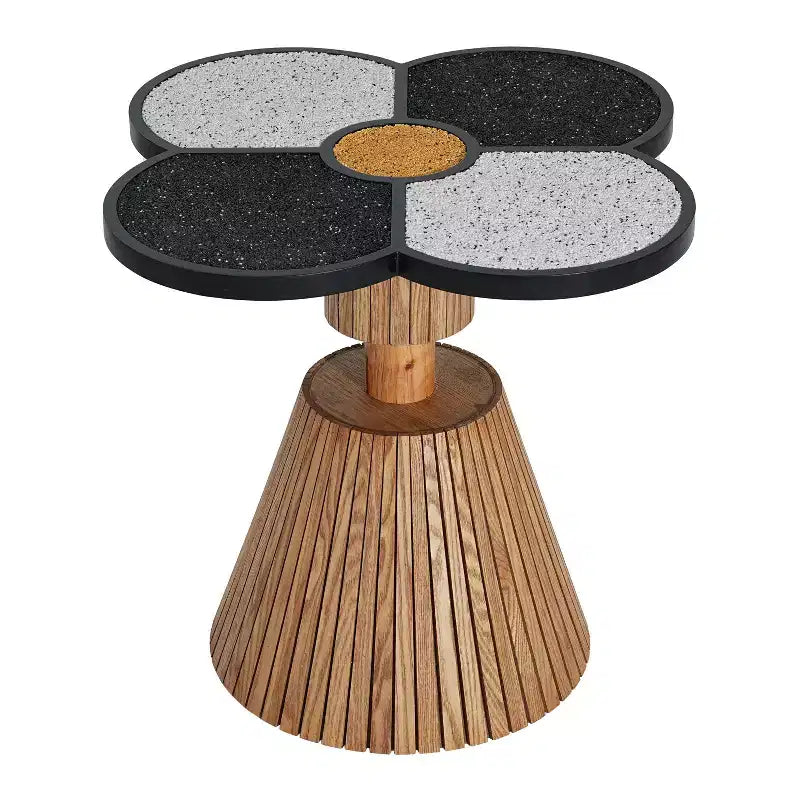 Tavolino d'appoggio con Trifoglio a Quattro Foglie, Top in Resina effetto Pietra, Base a Doghe in Legno, Nero e Grigio
