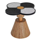 Tavolino d'appoggio con Trifoglio a Quattro Foglie, Top in Resina effetto Pietra, Base a Doghe in Legno, Nero e Grigio