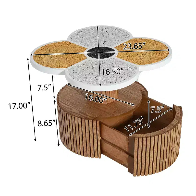 Tavolino accentato a forma di quadrifoglio, piano in resina effetto pietra, base in legno con cassetto portaoggetti