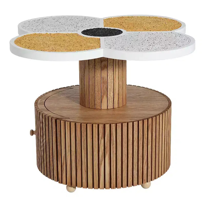 Tavolino accentato a forma di quadrifoglio, piano in resina effetto pietra, base in legno con cassetto portaoggetti