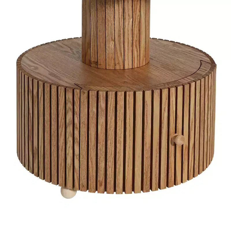 Tavolino accentato a forma di quadrifoglio, piano in resina effetto pietra, base in legno con cassetto portaoggetti