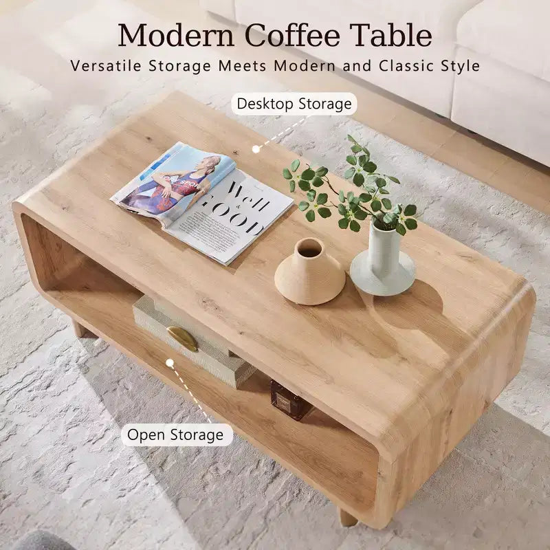 Tavolino da caffè da 48 pollici, tavolino da caffè moderno con 2 ripiani, tavolo rettangolare in legno spesso per soggiorno
