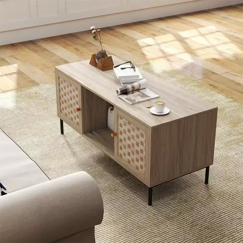 Rectangular Wooden Coffee Table with Sliding Door & Woven Veneer, Symmetrical Storage for Living Room or Bedroom