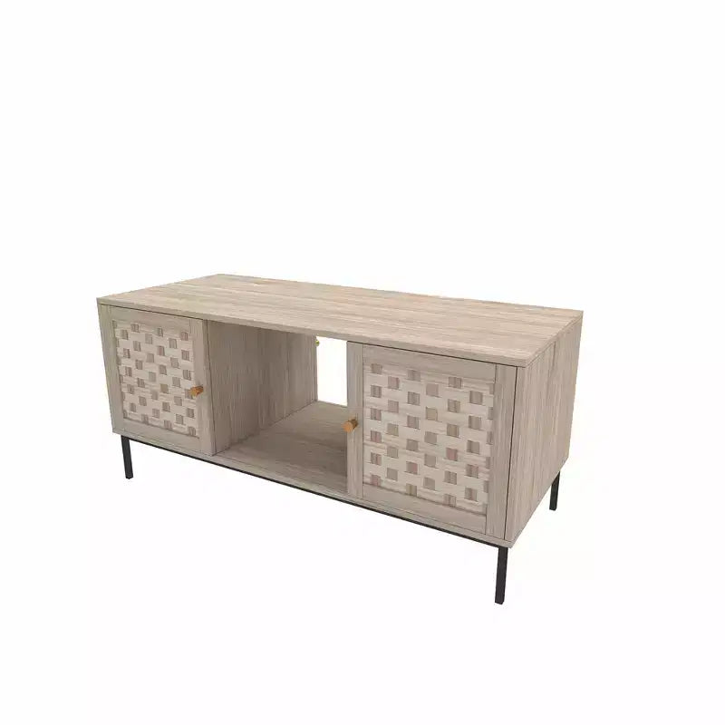 Tavolino Rettangolare in Legno con Anta Scorrevole e Impiallacciatura Intrecciata, Contenitore Simmetrico per Soggiorno o Camera da Letto