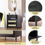 Comodino con Porte USB e Prese, Ante in Rattan e Ripiano Aperto, Camera da Letto Soggiorno Ufficio,