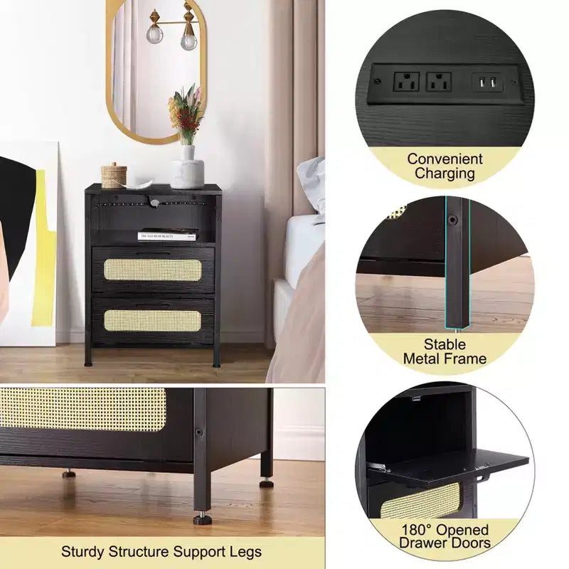 Comodino con Porte USB e Prese, Ante in Rattan e Ripiano Aperto, Camera da Letto Soggiorno Ufficio,