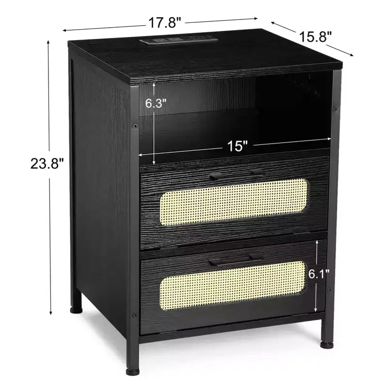 Comodino con Porte USB e Prese, Ante in Rattan e Ripiano Aperto, Camera da Letto Soggiorno Ufficio,