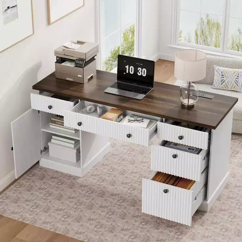 Scrivania Direzionale Moderna da 150 cm con Stazione di Ricarica e Cassetti per Documenti, Scrivania da Ufficio in Legno Scanalato con Contenitore per Studio, Scrivania per Computer
