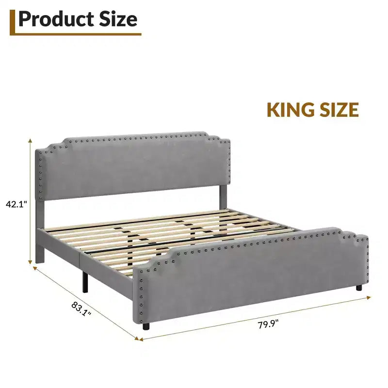 Struttura letto king-size con testiera trapuntata, doghe in legno robuste, nessun materasso a molle richiesto